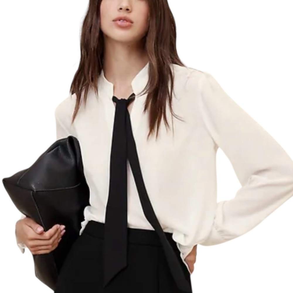 Banana Republic Ivory Blouse Black Tie Front Long Sleeve Size Small New Tags